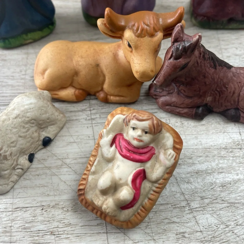 Nativity Ceramic Set 6 Piece - Three Wise Men Jesus Horse Lamb Bull